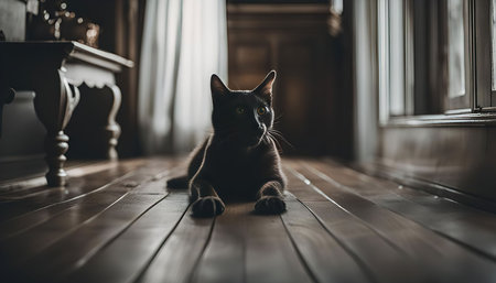A black cat with green eyes rests on a wooden floor, bathed in the warm light from a nearby window. The cat's sleek black fur stands out against the light wooden floor, creating a striking contrast.の写真素材