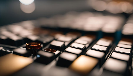 A close-up image of a black keyboard with a copper knob, showing its texture and intricate details. The shallow depth of field emphasizes the knob and creates a sense of focus and isolation.の写真素材