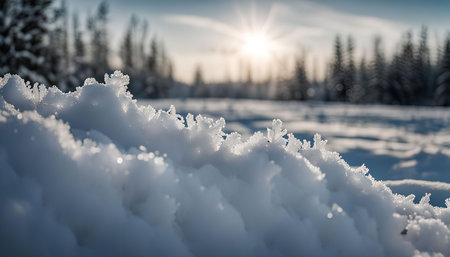 A close-up shot of a snowdrift in a winter landscape with a bright sun shining through trees in the background.の写真素材