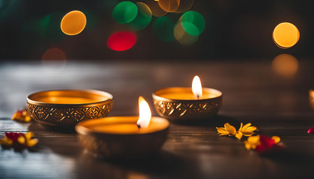 Three golden candles illuminate a wooden table, with bokeh lights and petals adding to the festive atmosphere.の写真素材