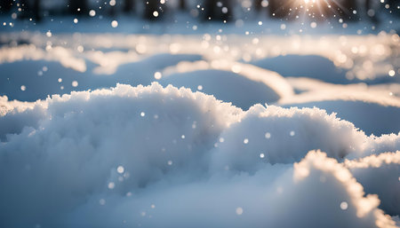A close up of a snowy landscape with sunrays coming throughの写真素材