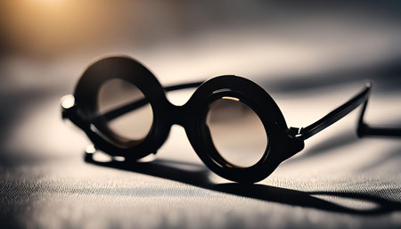 A close-up photograph of round sunglasses lying on a fabric surface, bathed in soft, warm light.の写真素材