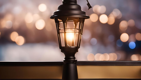 A single lamp post stands illuminated against a backdrop of twinkling lights in the city. The warm...