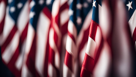 A close-up shot of American flags with the focus on the star-spangled banner of the rightmost flag. The image is a patriotic representation of American pride and national unity.の写真素材