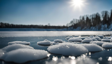 A serene winter scene of a frozen lake with snow-covered ice and the sun shining brightly in the blue sky.の写真素材