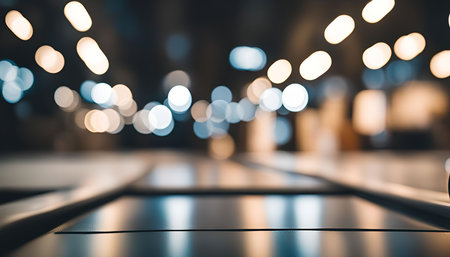 A close-up of a blurred background with lights, creating a bokeh effect, reflecting on a smooth surfaceの写真素材