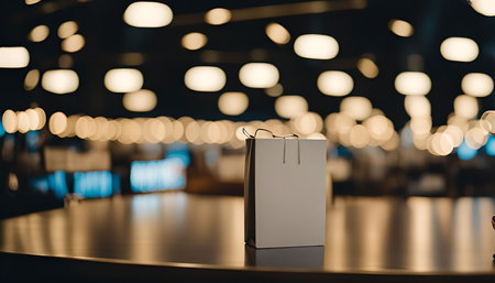 A white box on a brown table with blurred lights in the backgroundの写真素材
