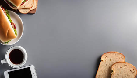 A top view of coffee, sandwiches, and a phone on a gray surface. This flat lay features various food...