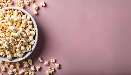 A white bowl filled with popcorn sits on a pink background. The bowl is full of fluffy popcorn, with a few kernels scattered around it. The pink background is plain and provides a neutral backdrop for the popcorn.の写真素材