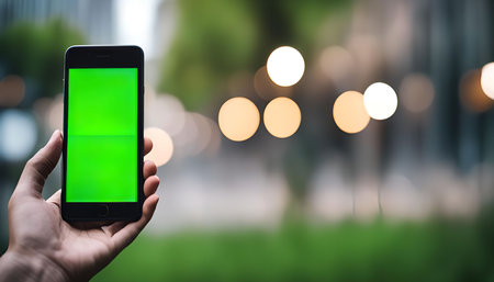 A hand holds a smartphone with a green screen against a blurred city background. The phone is positioned in the foreground, and the city is out of focus, creating a bokeh effect.の写真素材