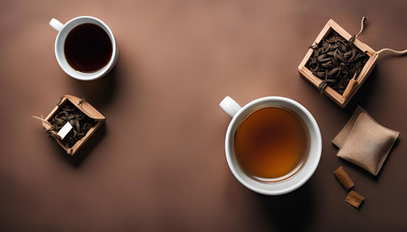 A still life photograph of two white teacups and three boxes with tea leaves, all on a brown background.の写真素材