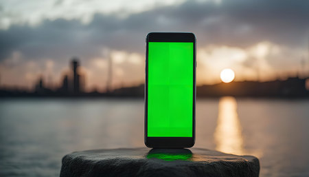 A smartphone with a green screen is standing on a stone by the water. The sun is setting in the background, creating a beautiful golden hour glow.の写真素材