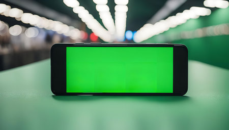 A black smartphone with a green screen display placed on a green surface. The background is blurred and shows a tunnel with white lights. The image is ideal for mockups and presentations.の写真素材