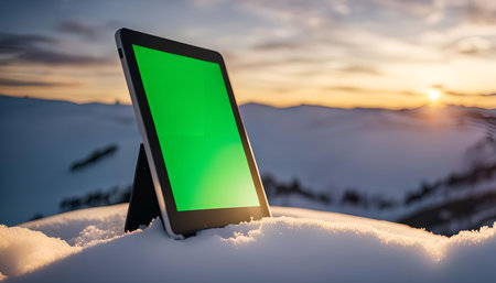 A green screen stands upright in the snow on a mountaintop. The sunrise casts a golden glow over the landscape.の写真素材