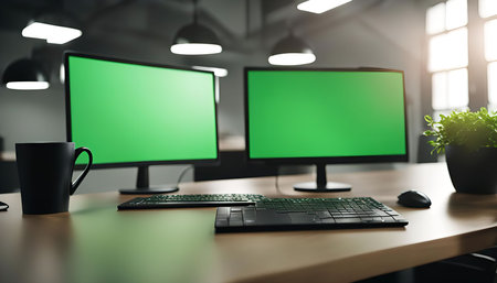Two green screen monitors sit on a desk in an office setting.の写真素材