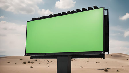 A large billboard with a green screen stands in a desolate desert landscape, offering a blank canvas for advertising and marketing.の写真素材