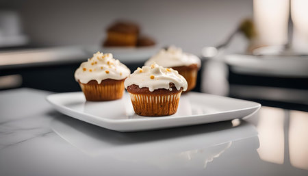 A close-up shot of three cupcakes on a white plate. The cupcakes are frosted with white frosting and topped with sprinkles.の写真素材