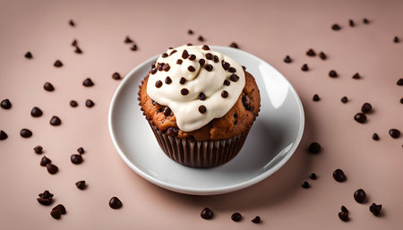 A single chocolate chip muffin with vanilla frosting and chocolate chips on top. The muffin is on a white plate with chocolate chips scattered around it on a pink background.の写真素材
