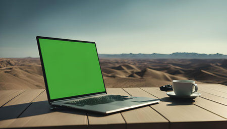 A laptop and a cup of coffee on a wooden table in the desert with a stunning view of the sand dunes in the background. The scene is tranquil, with a calm sky and a warm glow of the sun.の写真素材