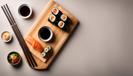 A close-up shot of a sushi set arranged on a wooden plate with soy sauce, chopsticks, and other accompaniments. It is a classic Japanese dish.の写真素材