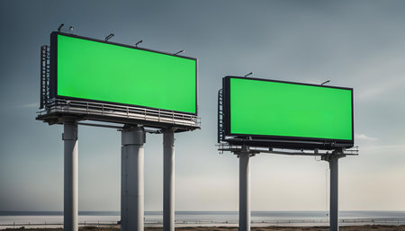 Two large blank billboards with green screens against a bright blue sky.の写真素材
