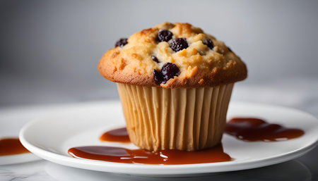 A close-up of a freshly baked blueberry muffin drizzled with caramel sauce on a white plate, the...