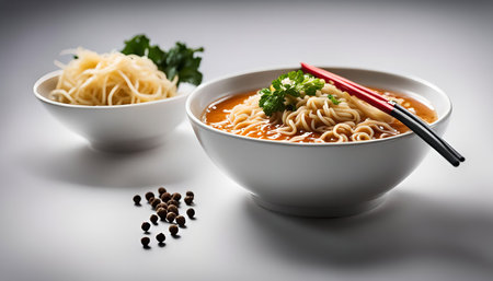 A close-up of a bowl of noodles with chopsticks, garnished with parsley and peppercorns. The dish is...