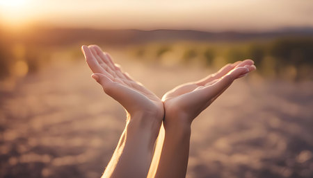 A pair of open hands reaching towards the setting sun, symbolizing hope, faith, and connection with the divine.の写真素材