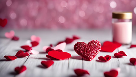 A close-up shot of red hearts scattered on a wooden table against a pink bokeh background, evoking feelings of love, romance, and Valentine's Day.の写真素材