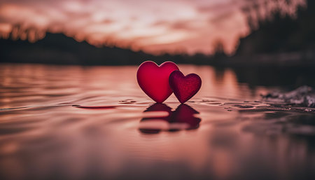 Two red heart-shaped objects float on the calm surface of a lake at sunset. The golden light of the setting sun creates a warm and romantic atmosphere. The reflection of the hearts in the water adds to the beauty of the scene.の写真素材