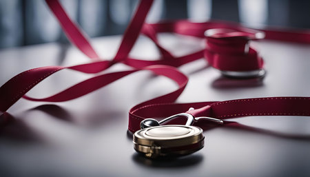 A close-up shot of a red ribbon coiled around a small gold compact. The image focuses on the detail of the fabric and the reflection of light on the gold surface.の写真素材