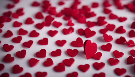 A white background covered in red hearts, two hearts stand out in the middle of the picture.