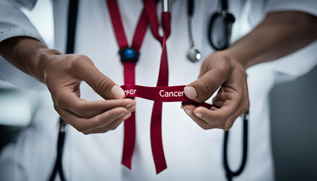 A doctor in a white coat holding a red ribbon with the word 'Cancer' on it, symbolizing support and awareness for cancer.の写真素材