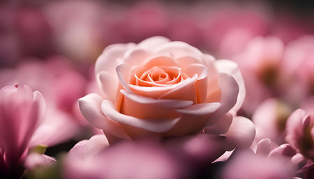 A close-up shot of a single soft pink rose in full bloom, surrounded by other roses, showing its delicate petals and vibrant color.の写真素材