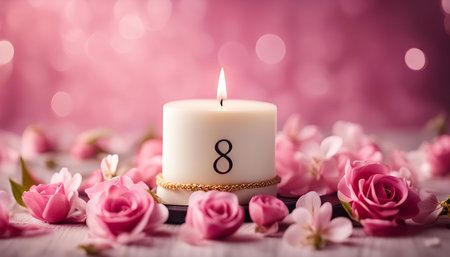 A burning candle with the number eight and delicate pink roses in a festive setting. The image...