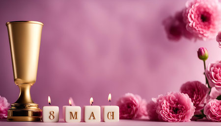 A festive arrangement for International Women's Day with candles spelling out 8 March, pink flowers,...