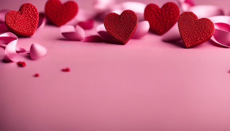 Red hearts with pink ribbon and petals on a pink backgroundの写真素材