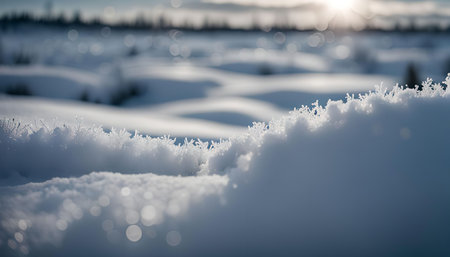 A close-up shot of a snowy landscape with ice crystals, showing the intricate beauty of winter's...