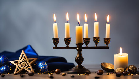 A golden menorah with lit candles for the Jewish holiday of Hanukkah. The menorah is a symbol of light and hope during the festival.の写真素材