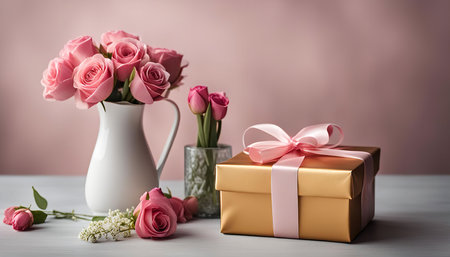 A beautiful still life of pink roses in a white vase, a gold gift box with a pink ribbon and a pink background.の写真素材