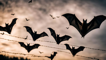 A flock of bats fly in silhouette against a dusk sky. The image creates a spooky and mysterious atmosphere.の写真素材