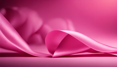 A close-up of a pink satin ribbon, folded and curled, forming a wave-like shape against a pink backdrop.の写真素材