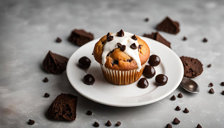 A freshly baked chocolate chip muffin with white frosting sits on a white plate, surrounded by...