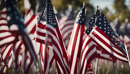 A close-up shot of a field of American flags waving in the wind. The flags are a symbol of...
