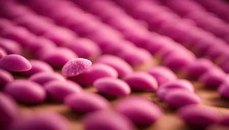 A close-up shot of pink candies with a blurred background. The image highlights the texture and...