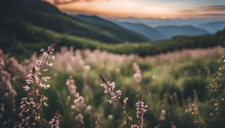 A close-up of vibrant wildflowers in a grassy field with majestic mountain ranges in the background. The setting sun casts a warm golden glow over the landscape, creating a serene and peaceful atmosphere.の写真素材