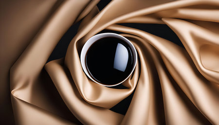 A close-up view of a coffee cup filled with coffee, placed on a swirl of satin fabric, creating a luxurious and elegant still life.の写真素材