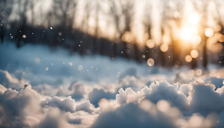A close-up of snow-covered ground with a defocused sunset in the background.