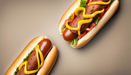 Two hot dogs with mustard, lettuce, and tomato on a brown backgroundの写真素材