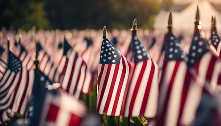 A field of American flags waving in the wind. The image is filled with bright red, white and blue...